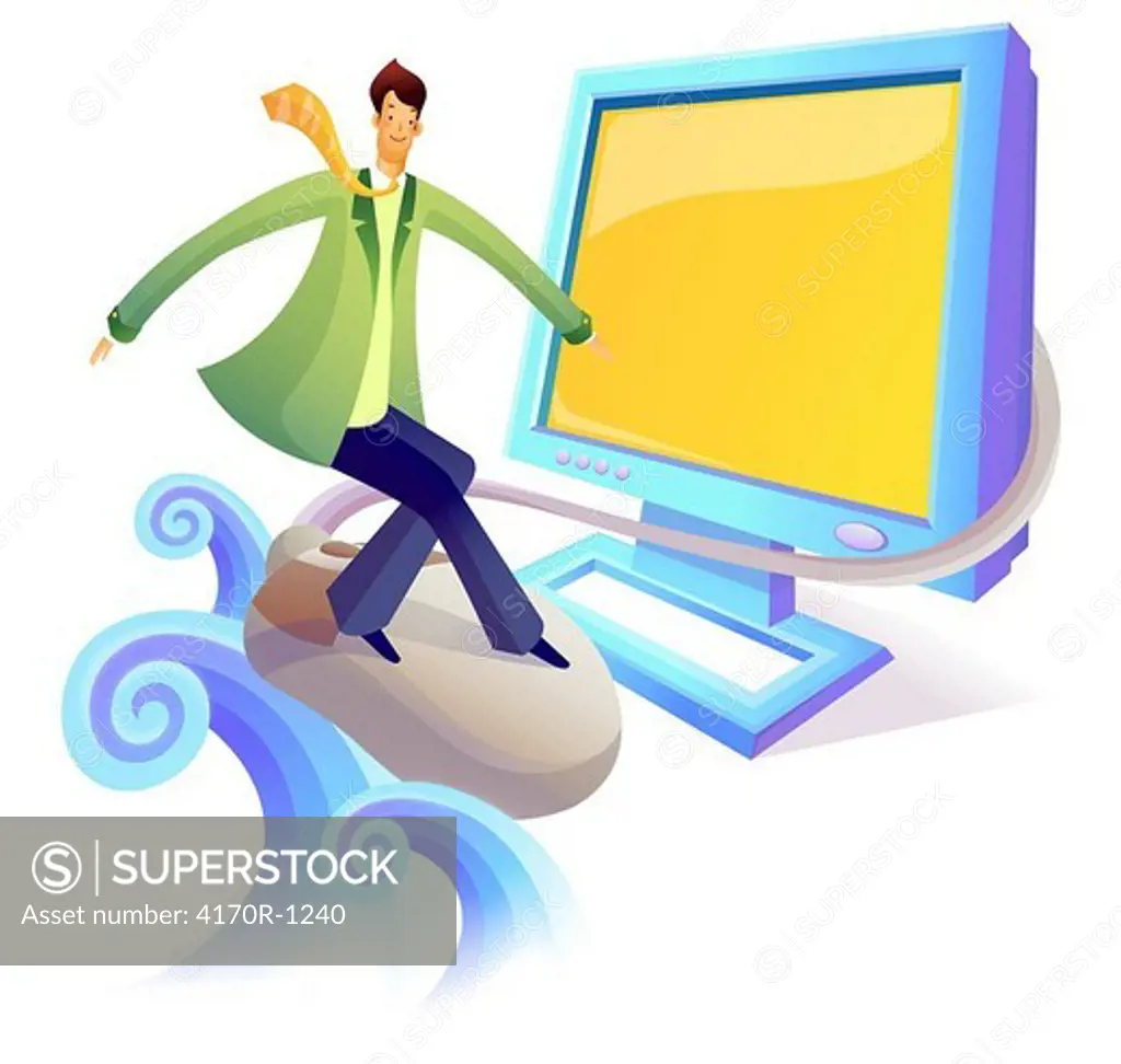 Businessman balancing on a computer mouse in front of a computer