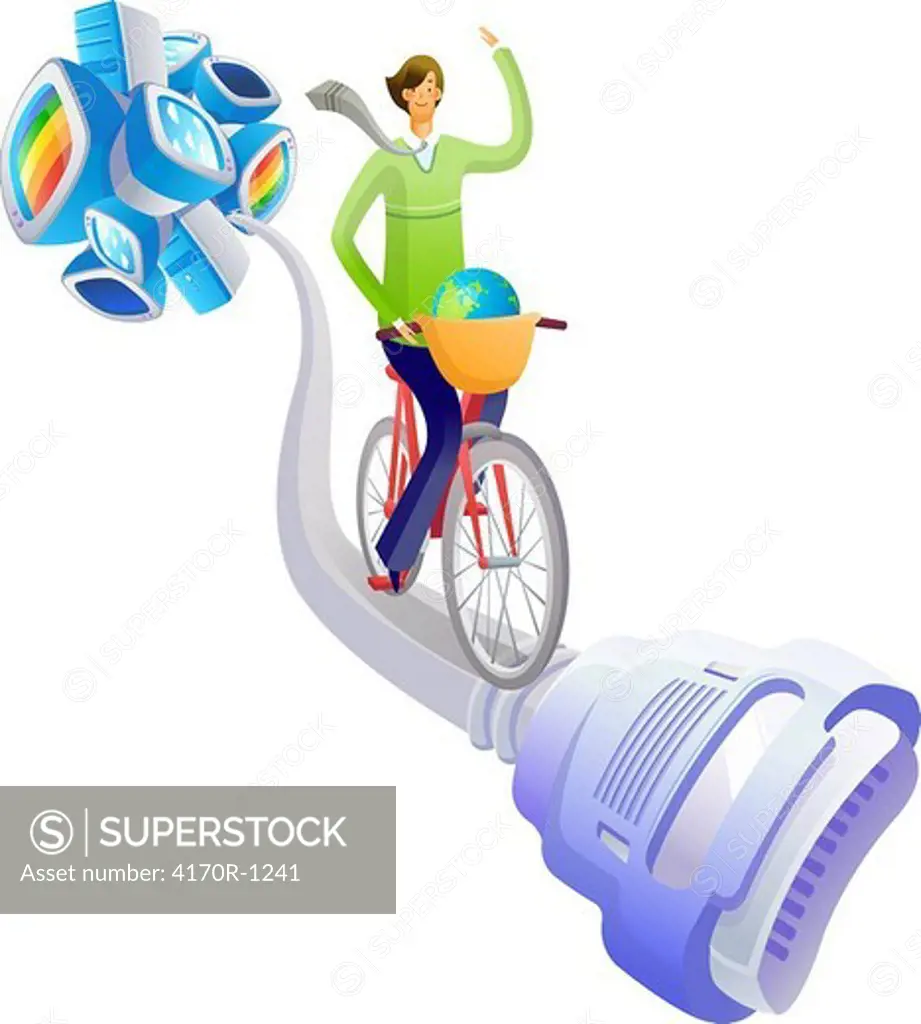 Businesswoman cycling on a computer cable