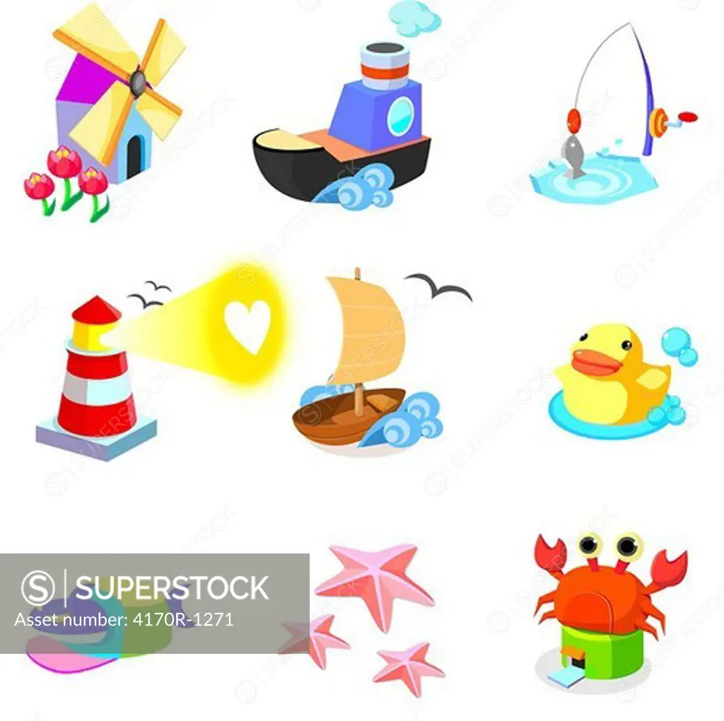 Various animals with boats on a white background