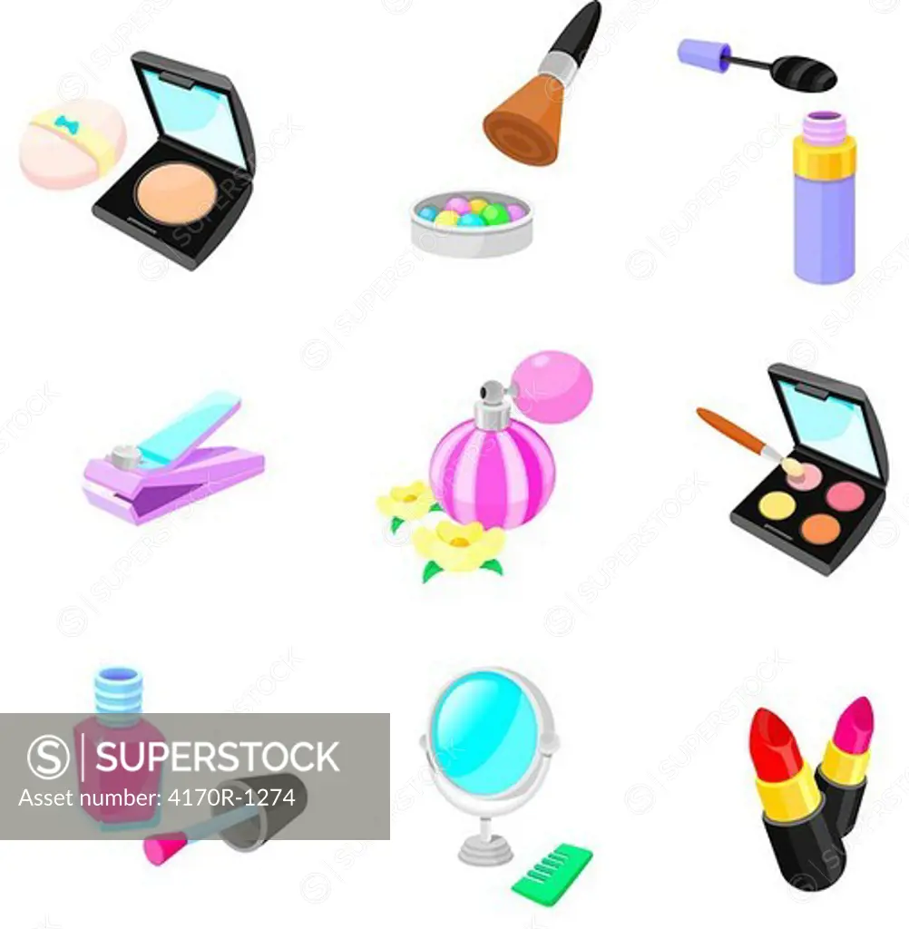 Various make-up related objects on a white background