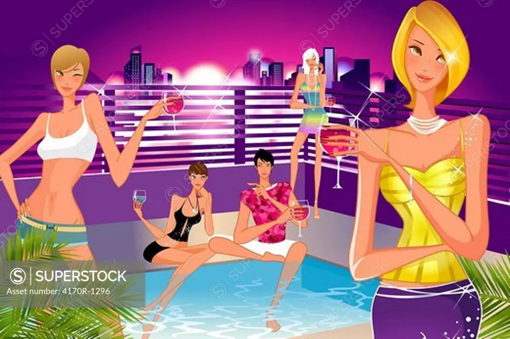 Four women and a man at the poolside