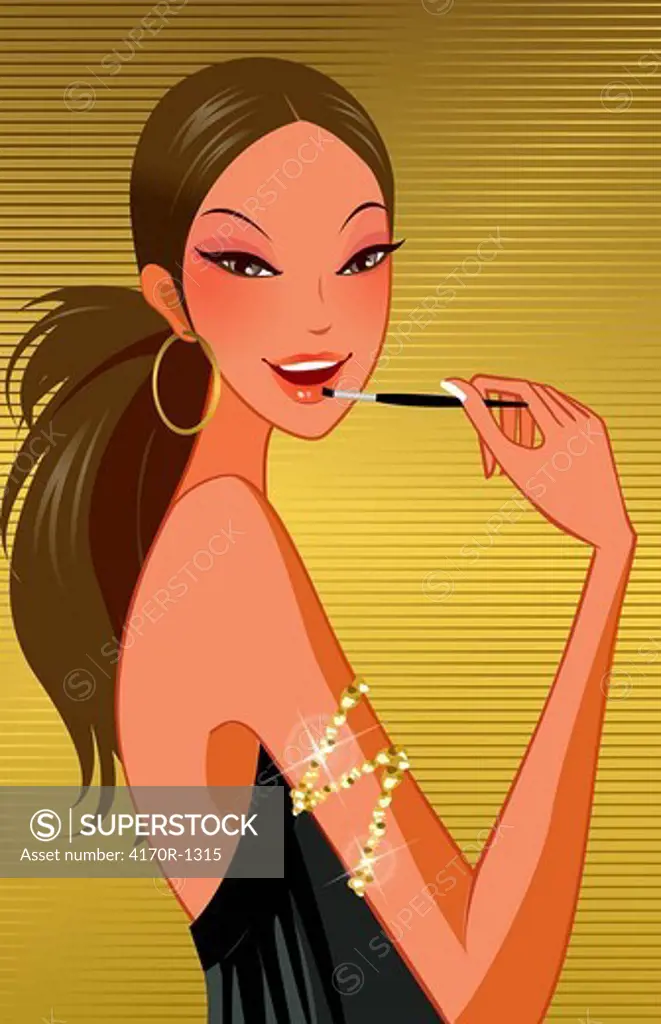 Side profile of a woman applying lipstick