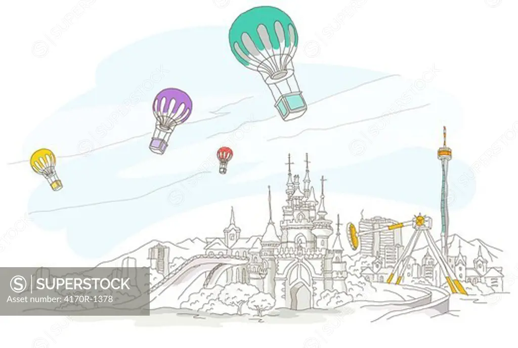 Low angle view of hot air balloons over a city