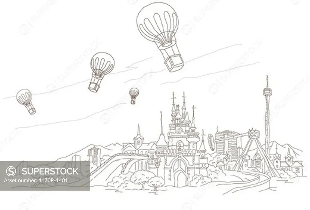 Low angle view of hot air balloons over a town