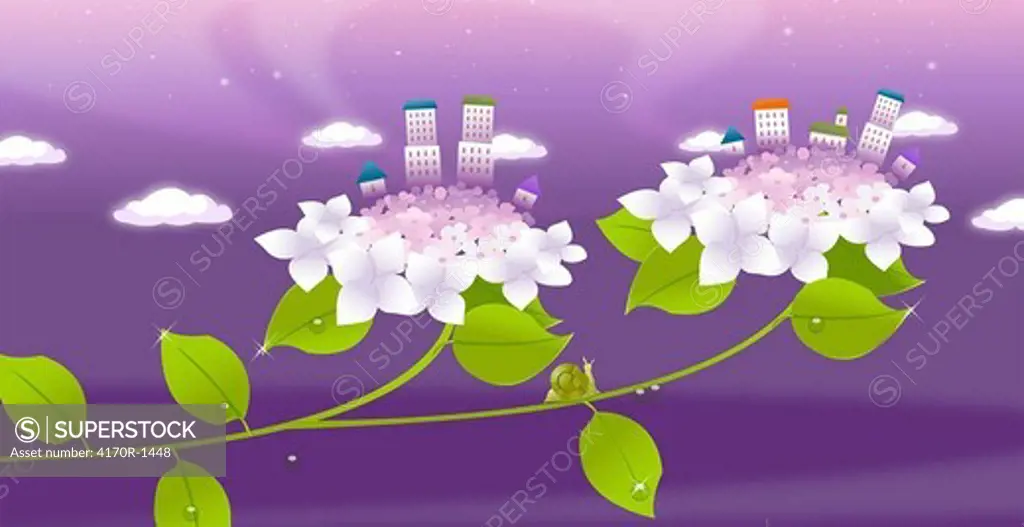 Close-up of buildings on flowers