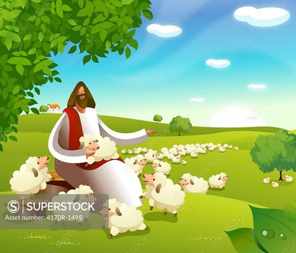 Jesus Christ sitting with a flock of sheep