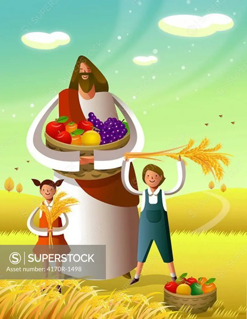 Jesus Christ holding a basket of fruits with a boy and a girl standing in front of him