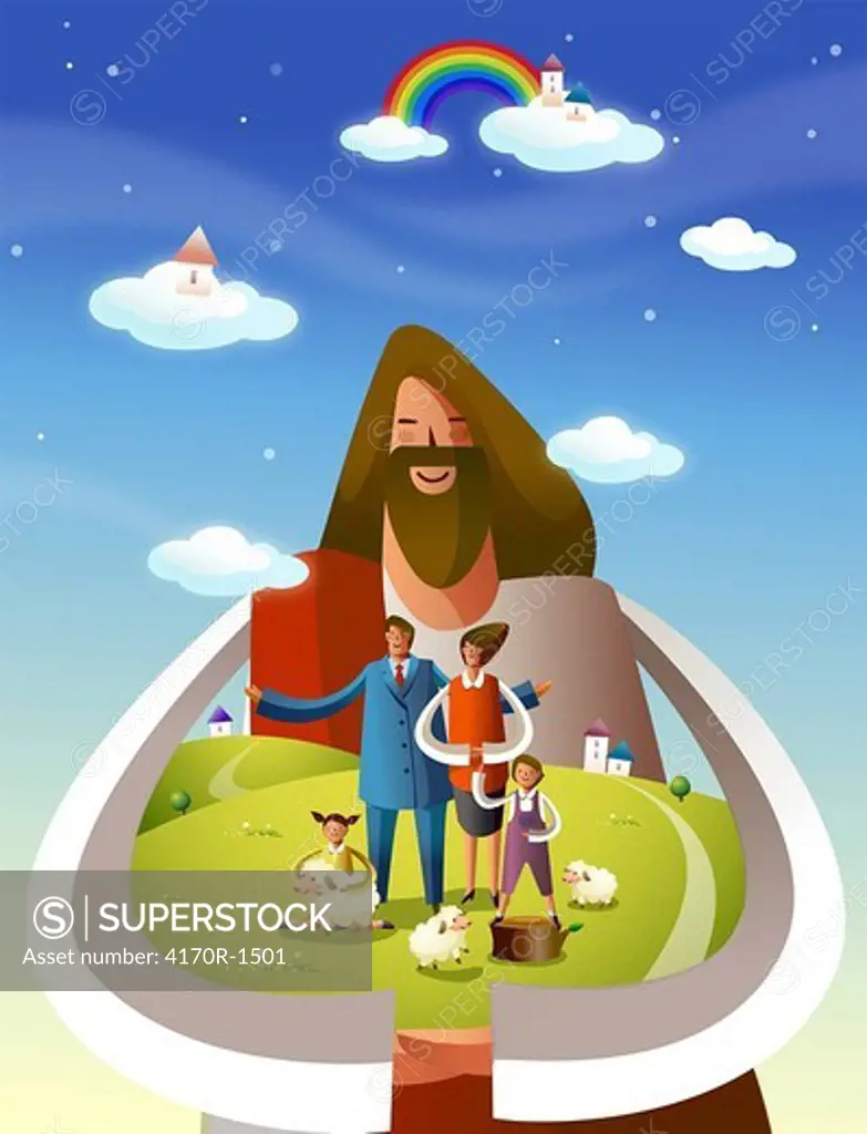Jesus Christ looking at a family