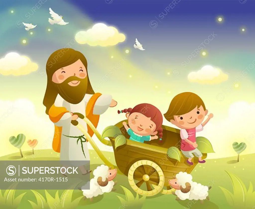Jesus Christ carrying two children in a wheelbarrow