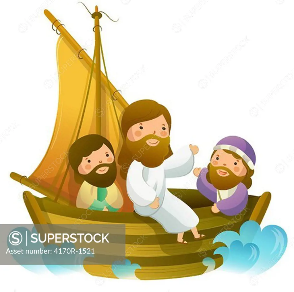 Jesus Christ sitting with two men on a sailboat