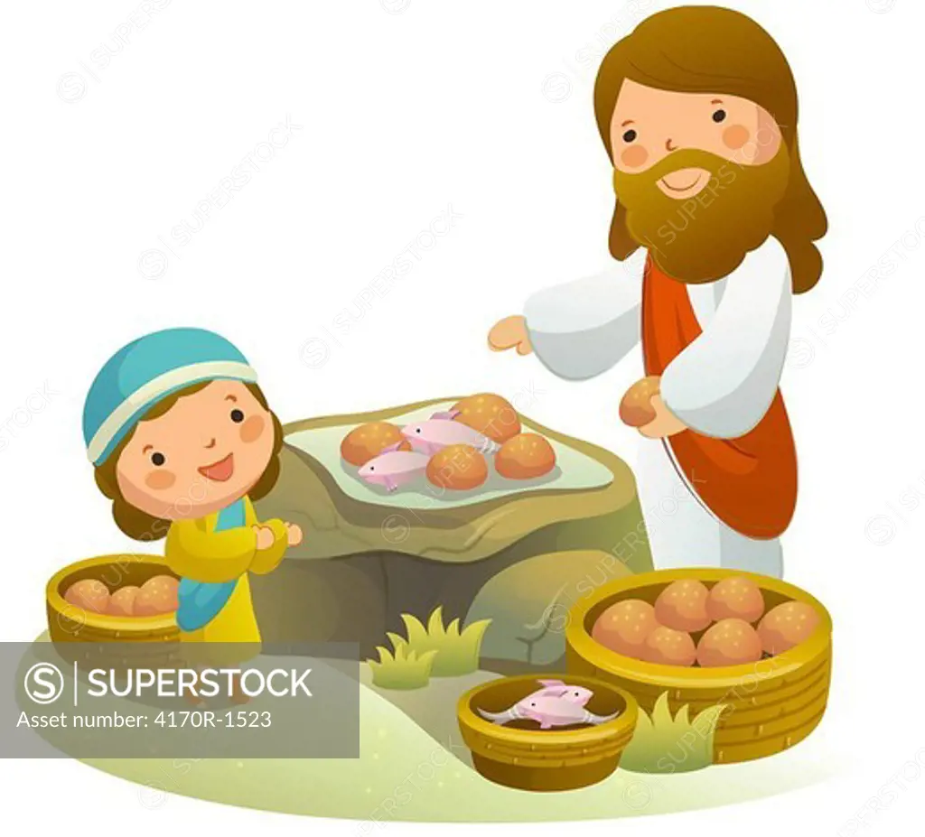 Side profile of Jesus Christ serving food to a girl