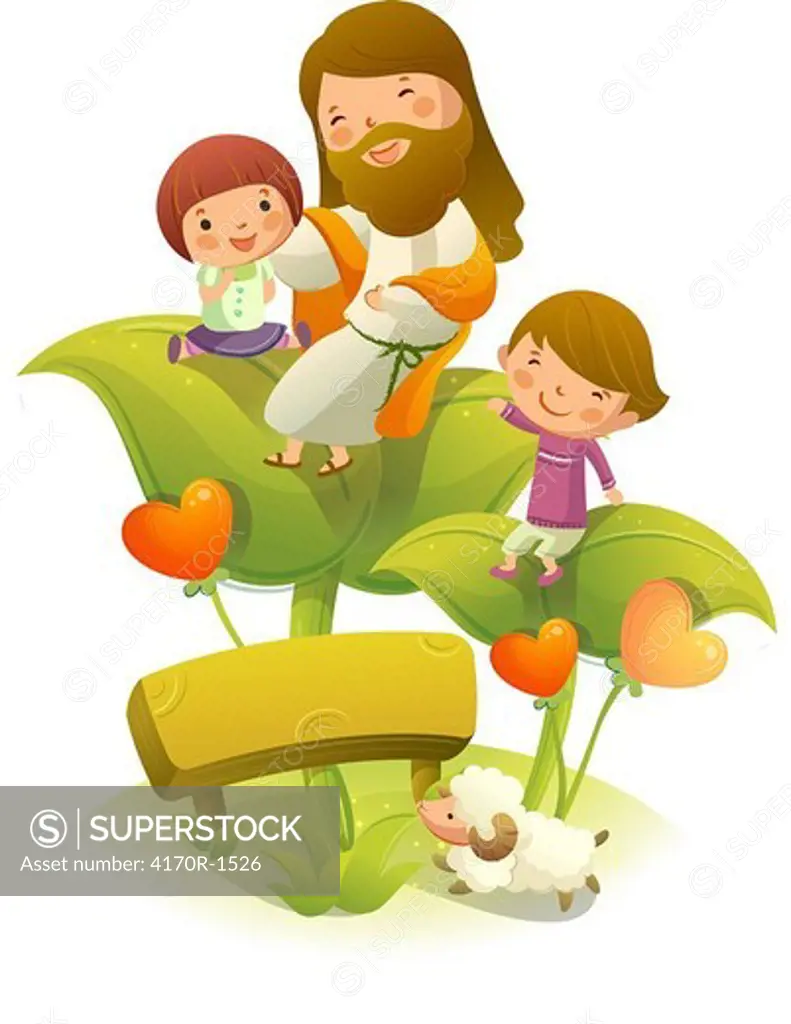 Jesus Christ sitting on a plant with two children