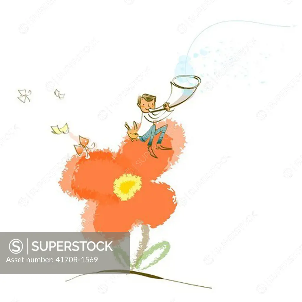 Man sitting on a flower and blowing a bullhorn