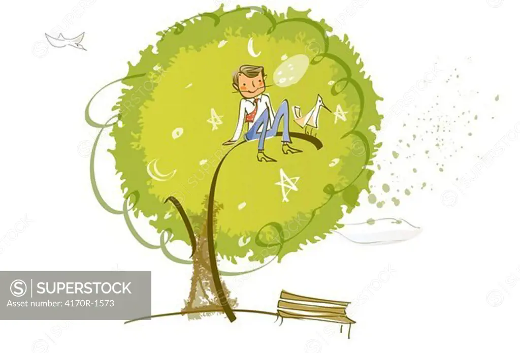 Businessman sitting on the branch of a tree