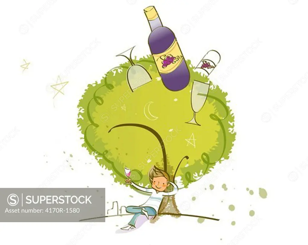 Man leaning against a tree and holding a glass of wine