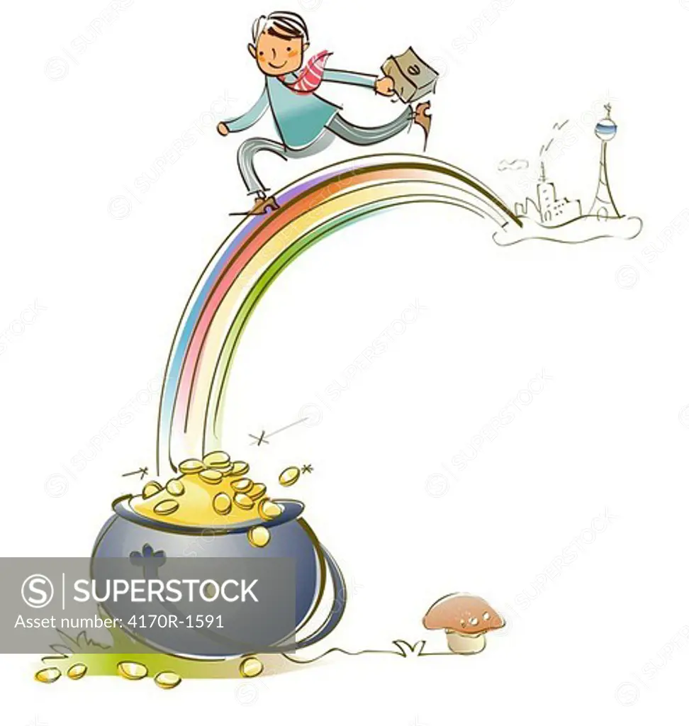 Businessman running over a rainbow