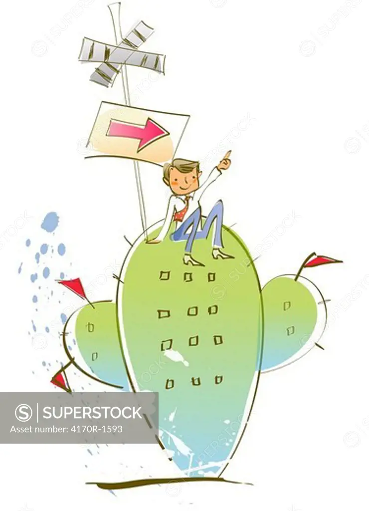 Businessman sitting on a cactus plant