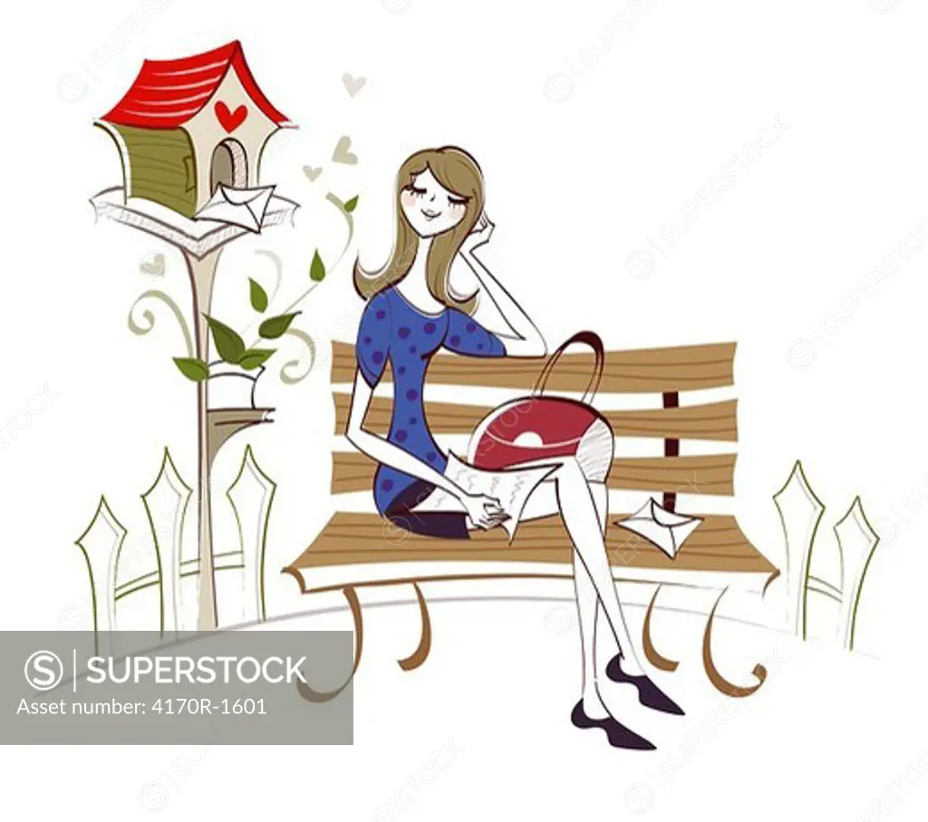 Woman sitting on the bench and writing a love letter
