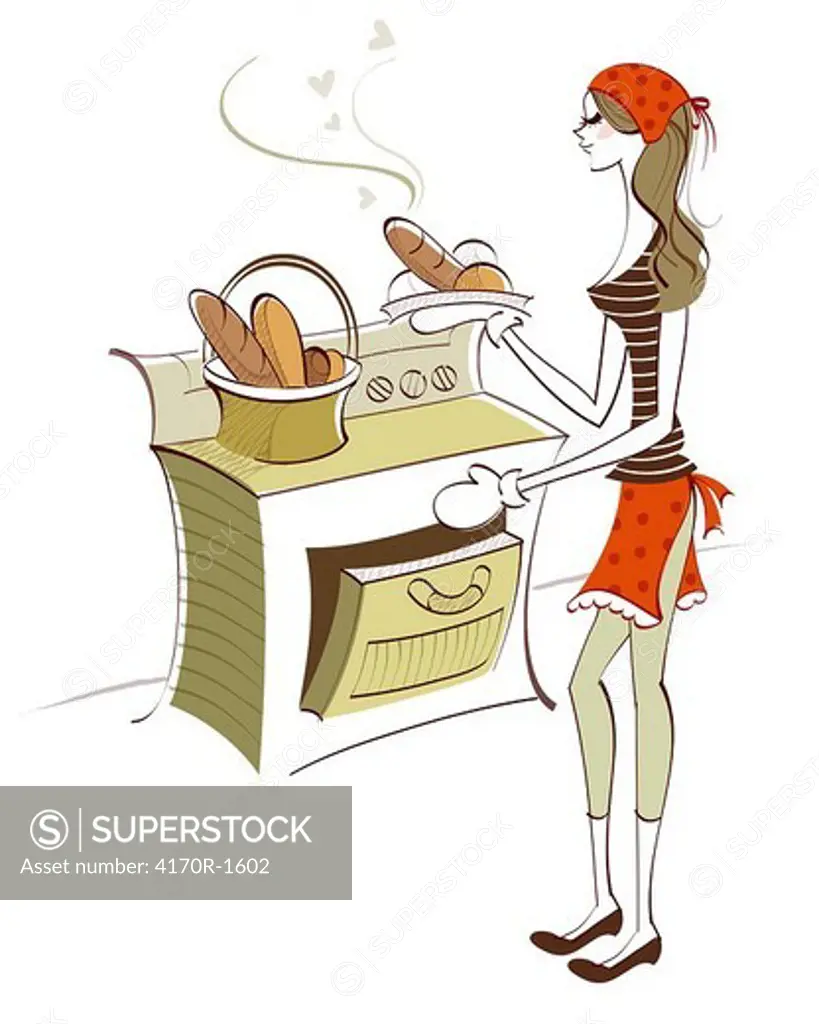 Woman holding baked food near an oven