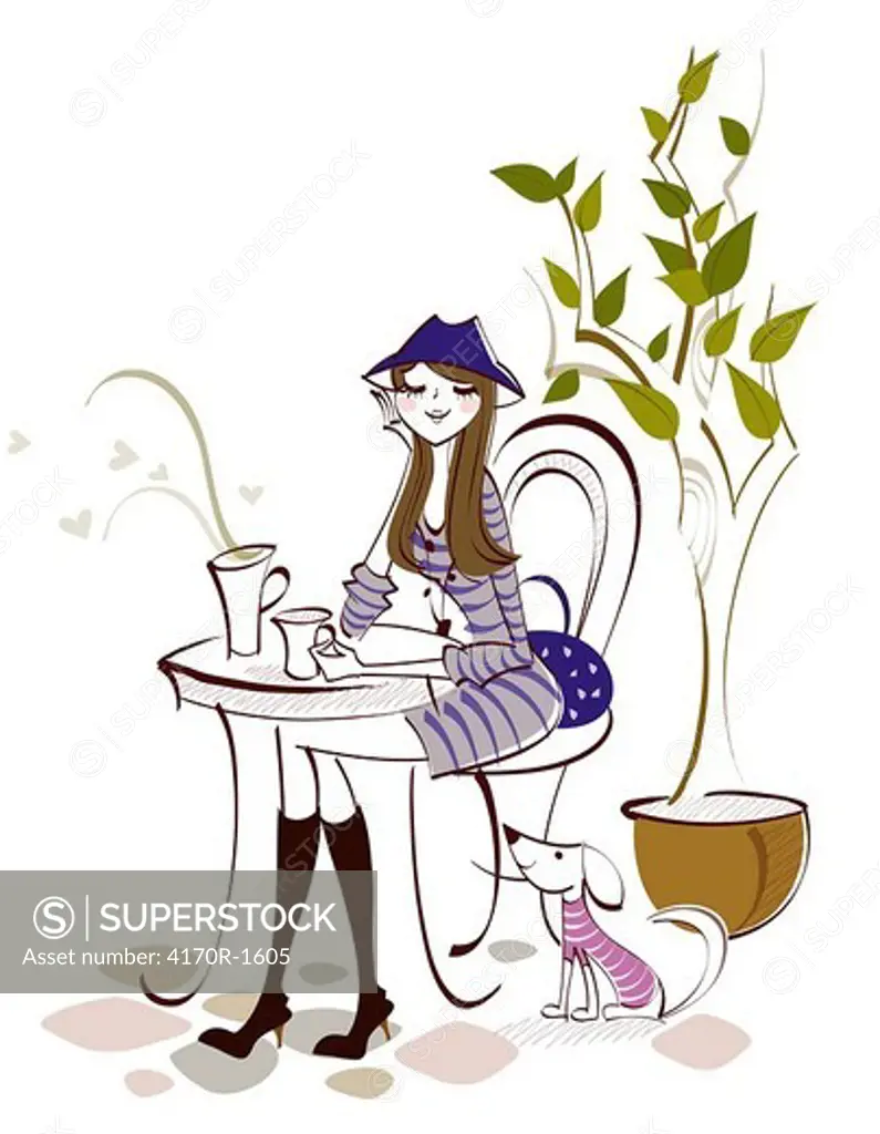 Woman sitting in a cafeteria and holding a cup of coffee
