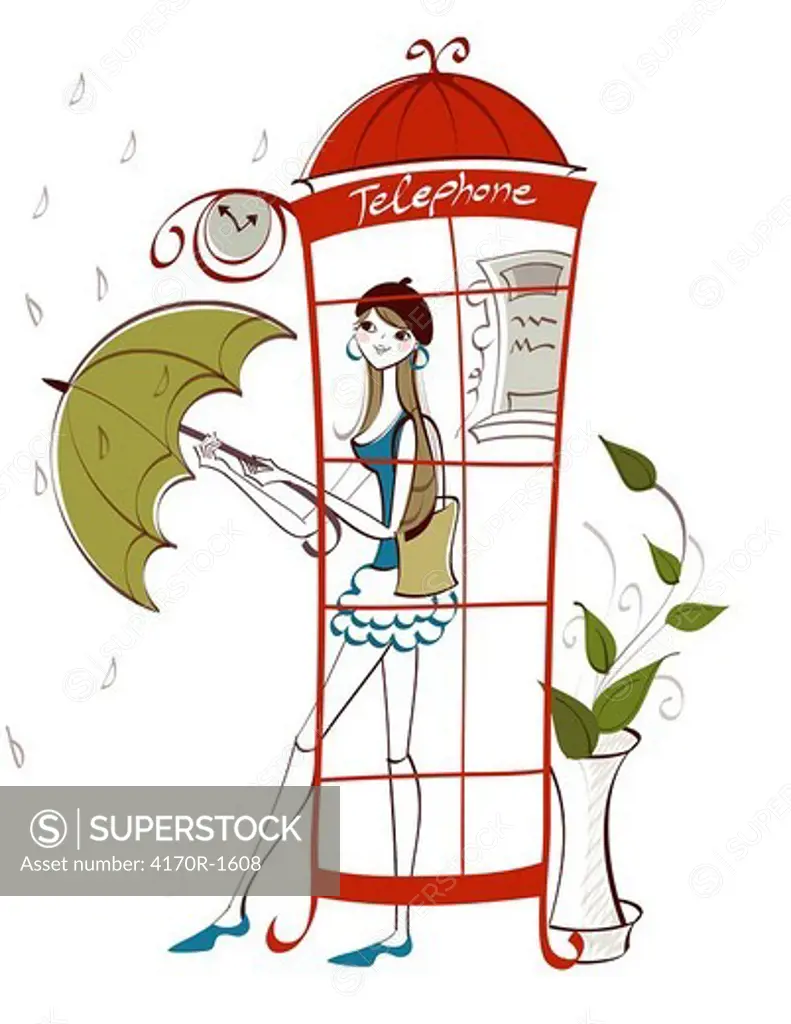 Woman getting off a telephone booth and holding an umbrella