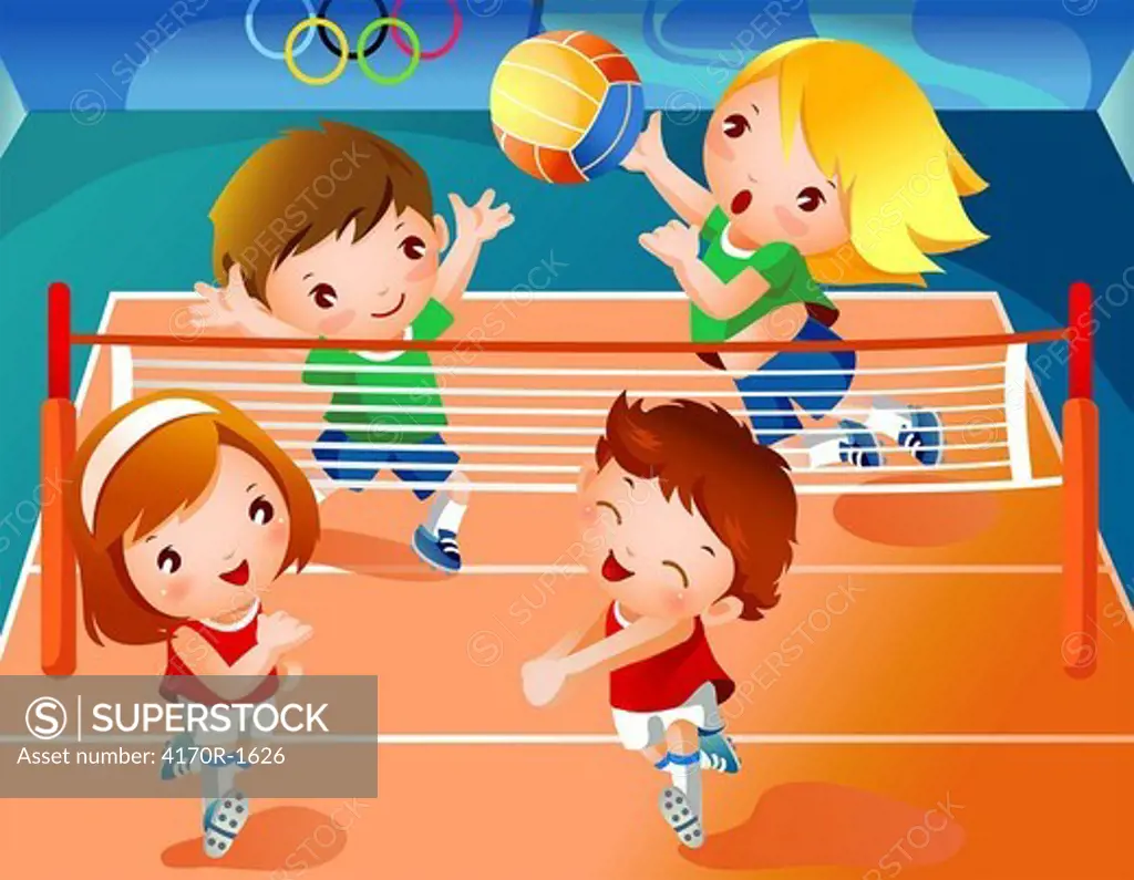 Two boys with two girls playing volleyball
