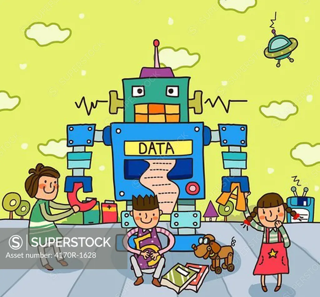 Two girls and a boy in front of a robot