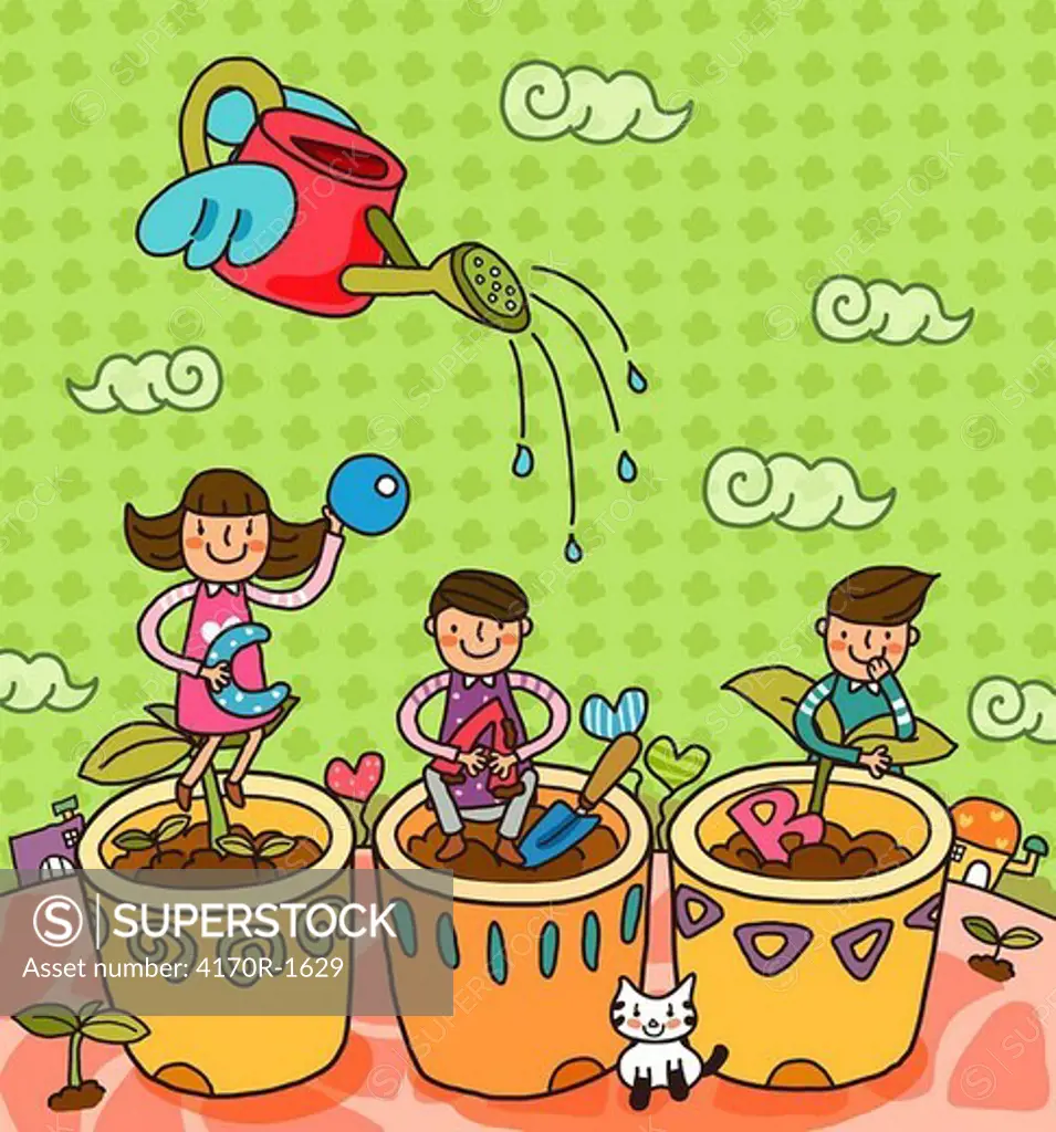 Two boys and a girl gardening