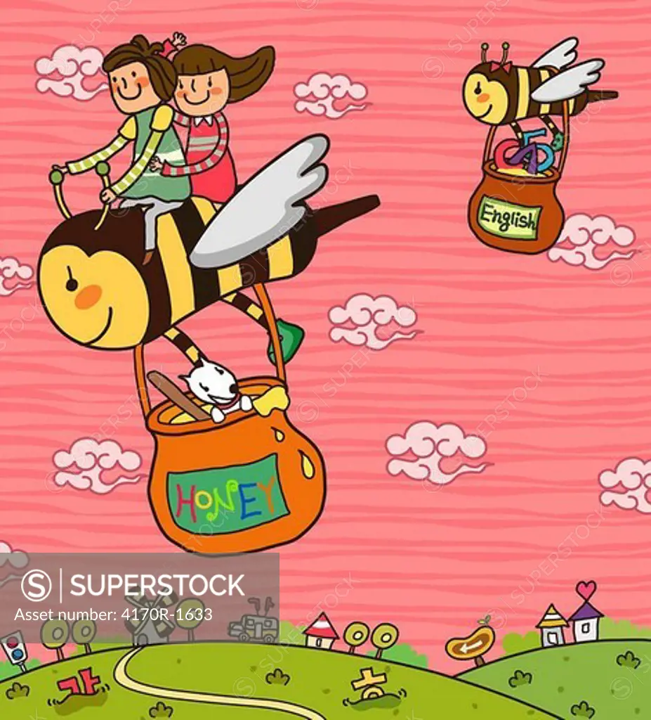 Boy and a girl sitting on a honey bee and flying with the honey container