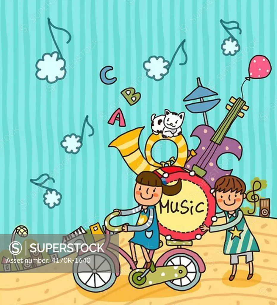 Girl riding a bicycle with another girl holding musical instruments
