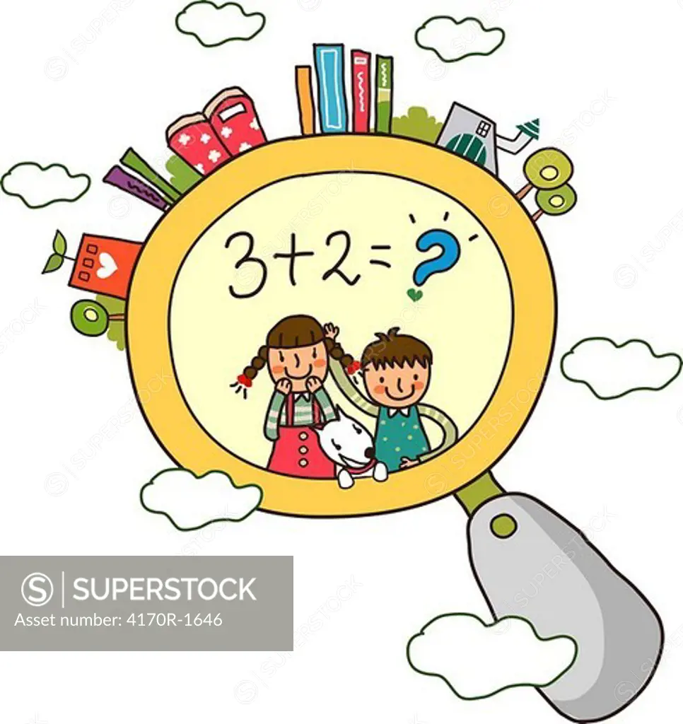 Boy and a girl with a dog standing on a clock