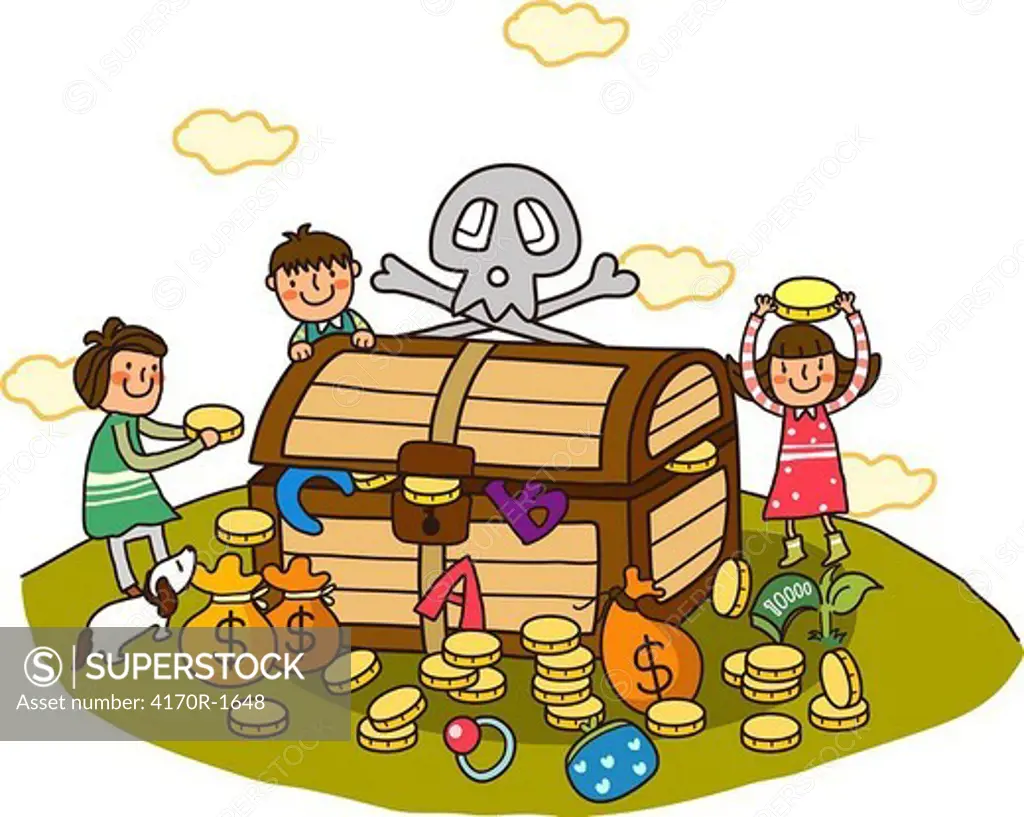 Three children standing near a treasure chest