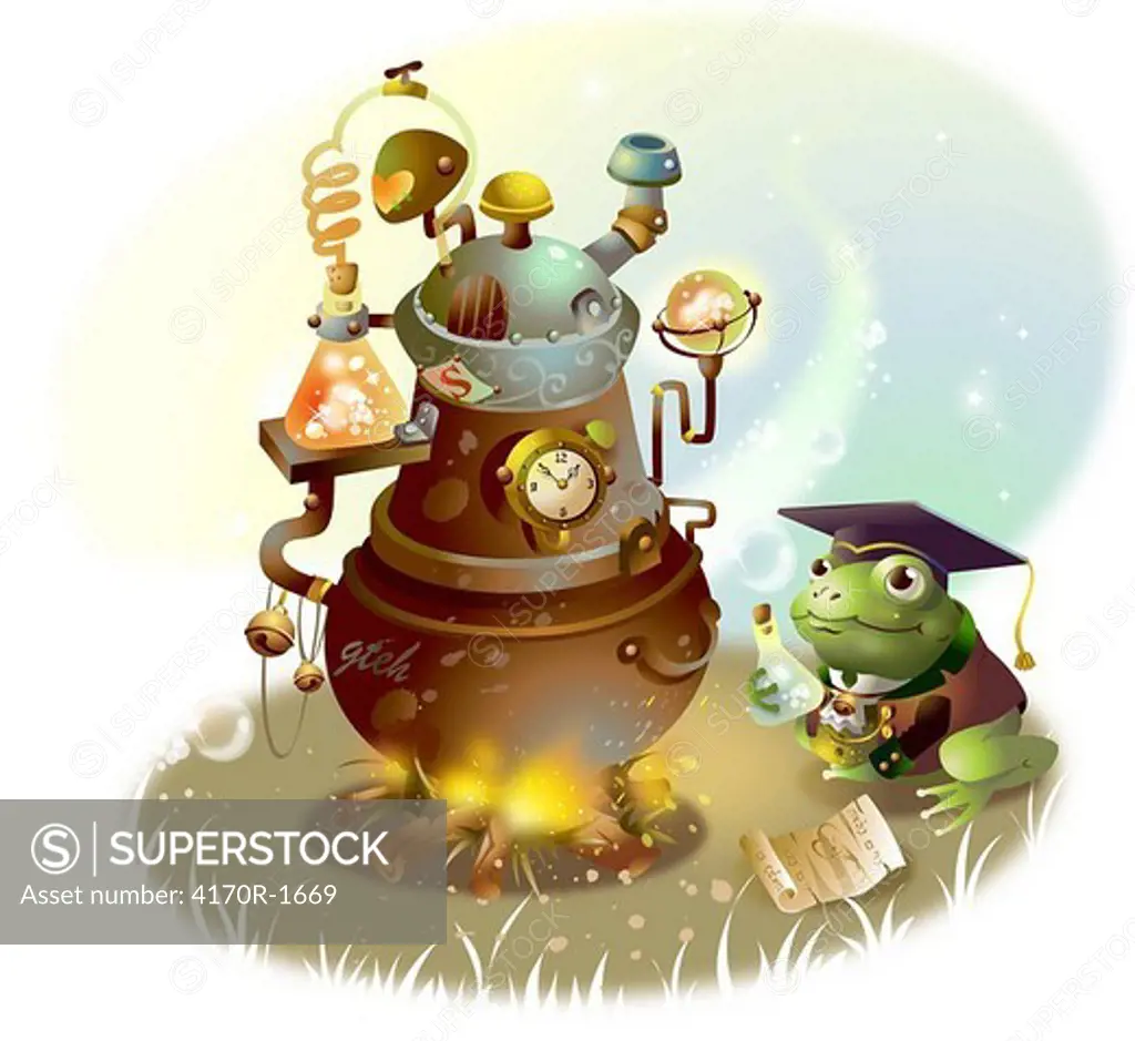 Frog in front of a heating cauldron