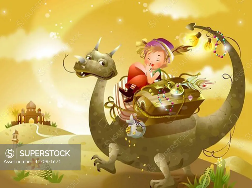 Side profile of a boy riding a dinosaur with a treasure chest