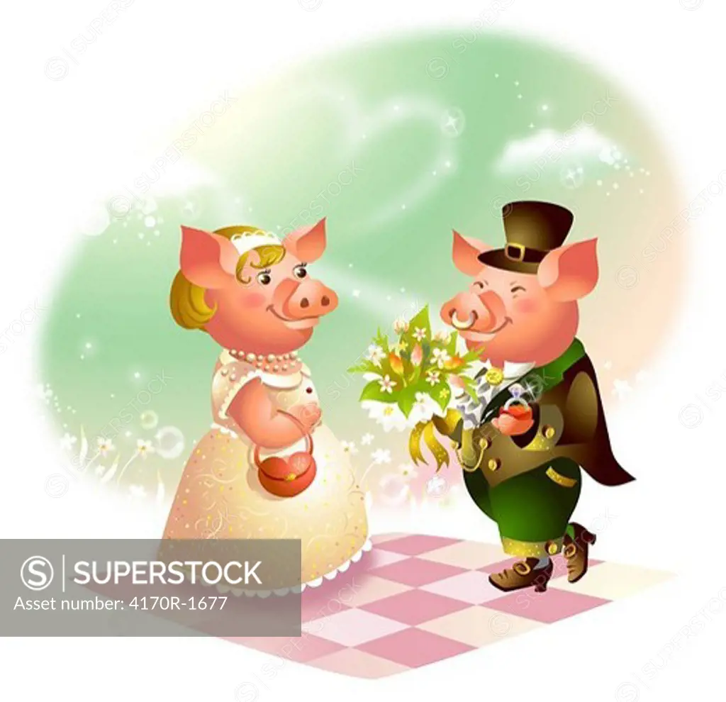 Male pig giving a bouquet of flowers to a female pig