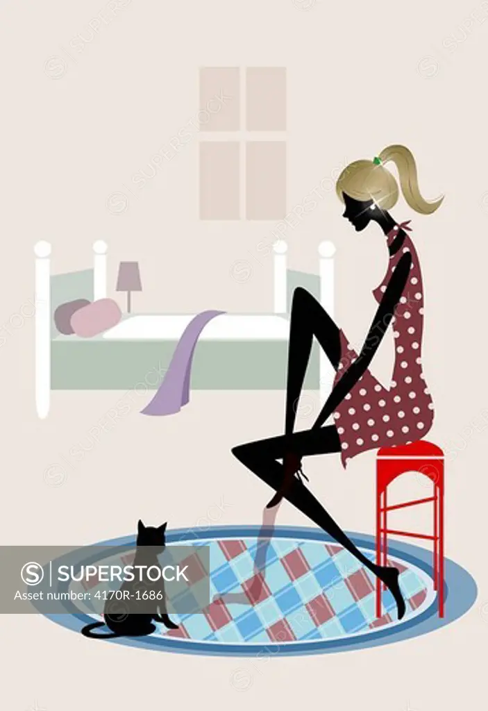 Side profile of a woman sitting on a stool with her cat