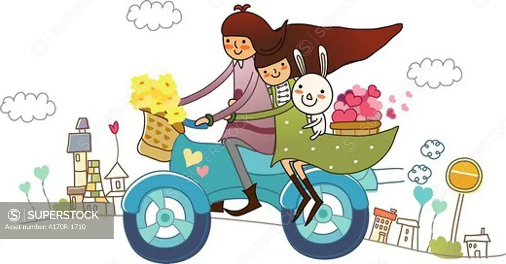Couple riding a motorcycle with a rabbit