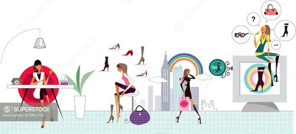 Woman sitting at a table with another woman trying on shoe and another woman carrying shopping bag