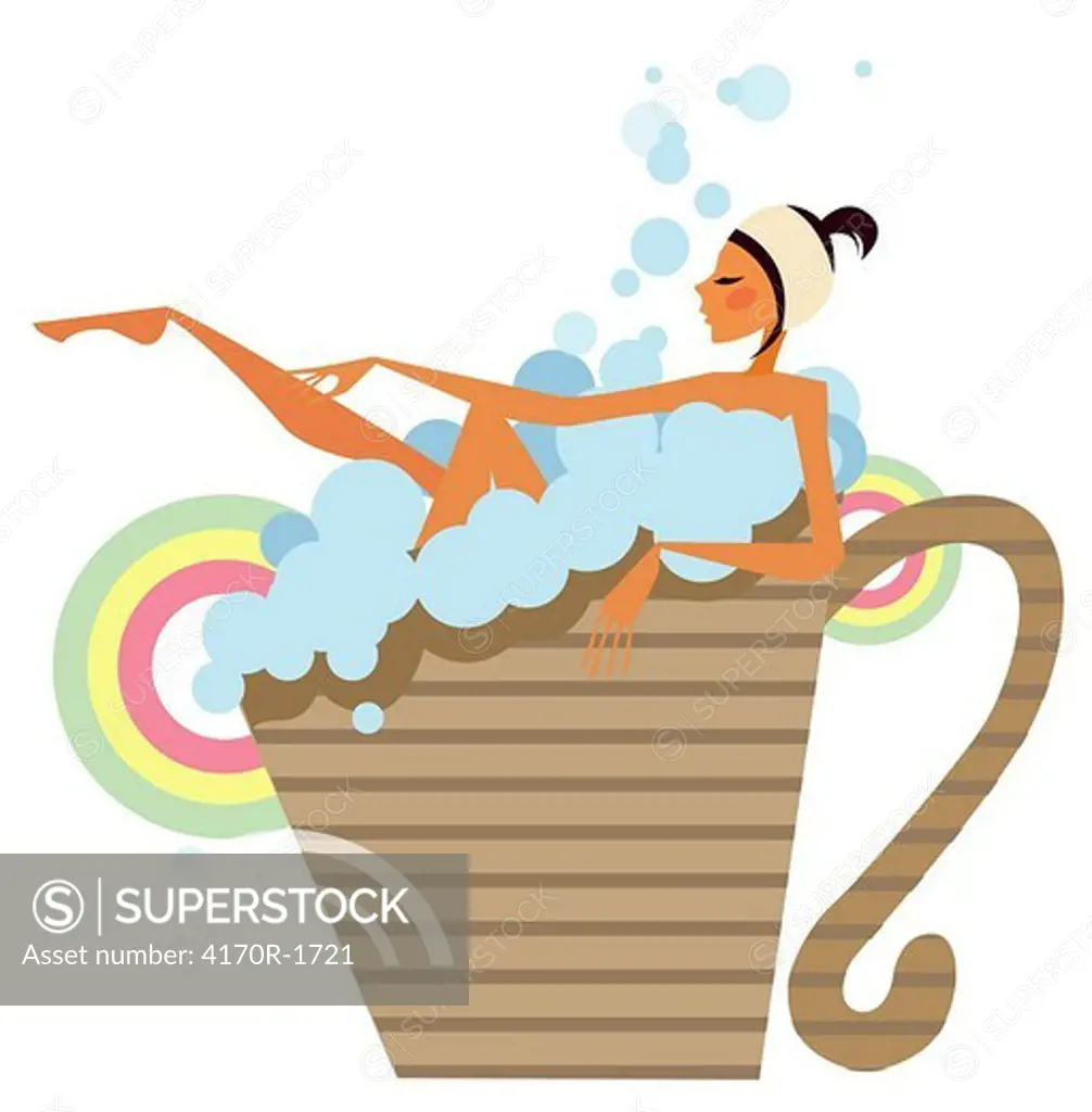 Woman taking a bubble bath in a cup