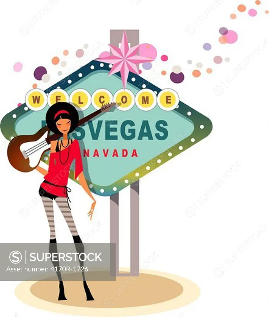 Woman holding a guitar in front of a welcome signboard, Las Vegas, USA