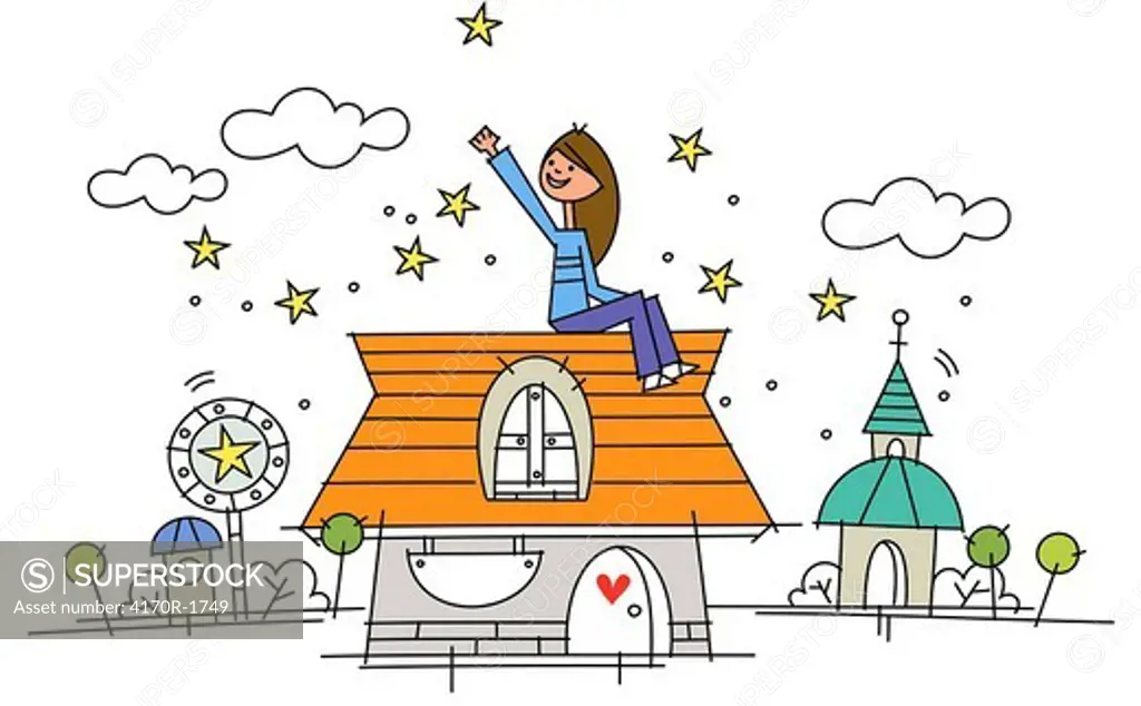 Woman sitting on the roof of a house with her hand raised