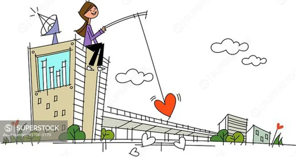 Woman sitting on a building and holding a fishing rod with a heart shape