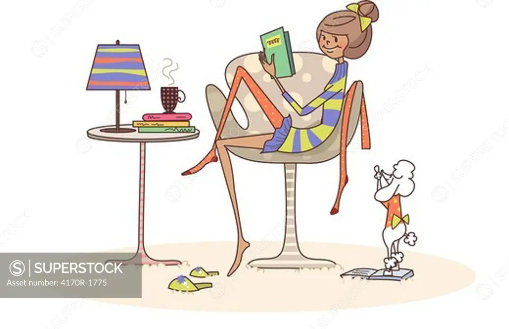 Side profile of a woman sitting on a chair and reading a book