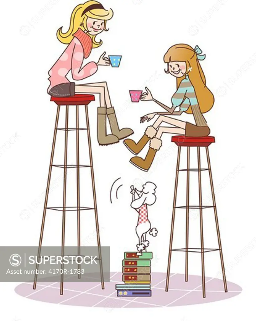 Two women sitting on stools and holding tea cups
