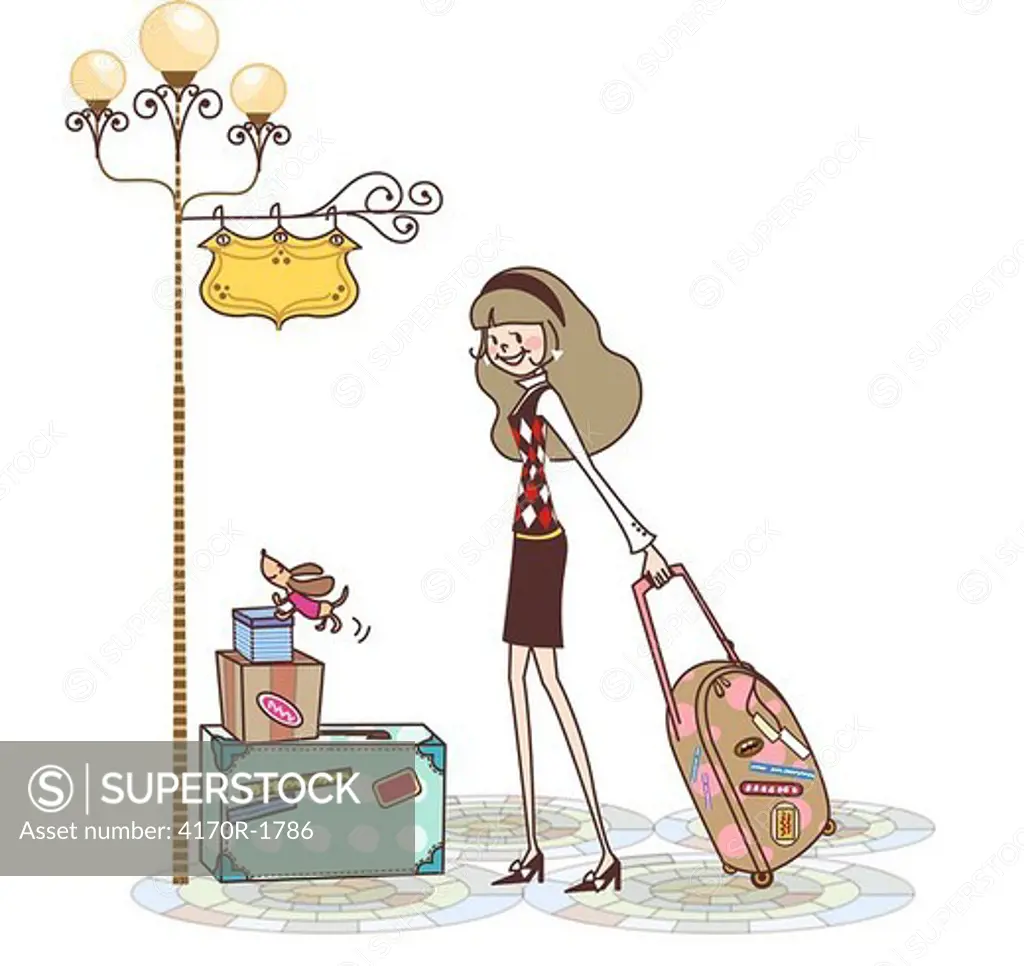 Woman pulling a suitcase and smiling