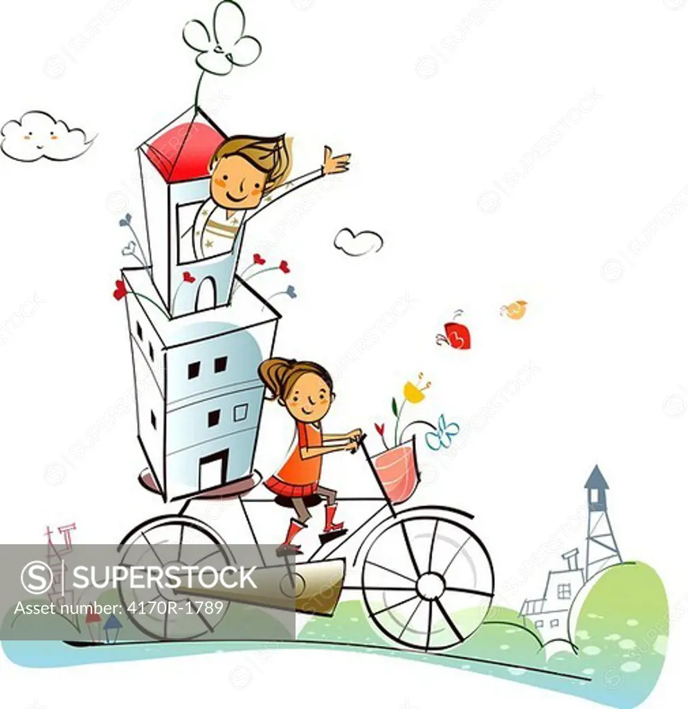 Couple carrying a house on a bicycle