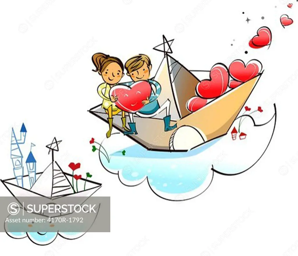 Couple sitting on a paper boat and holding a heart shape