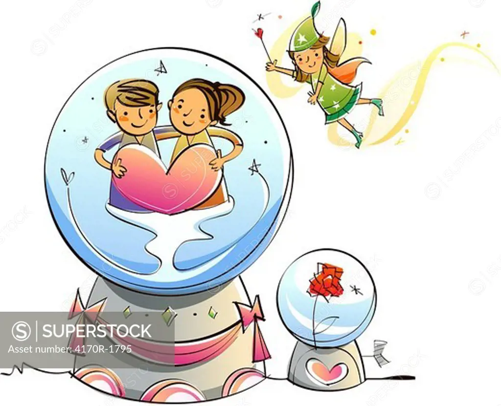 Couple holding heart shape in a crystal ball with a fairy in the sky