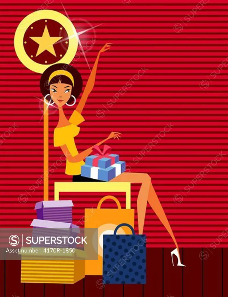 Side profile of a woman sitting on a chair with gifts on her lap