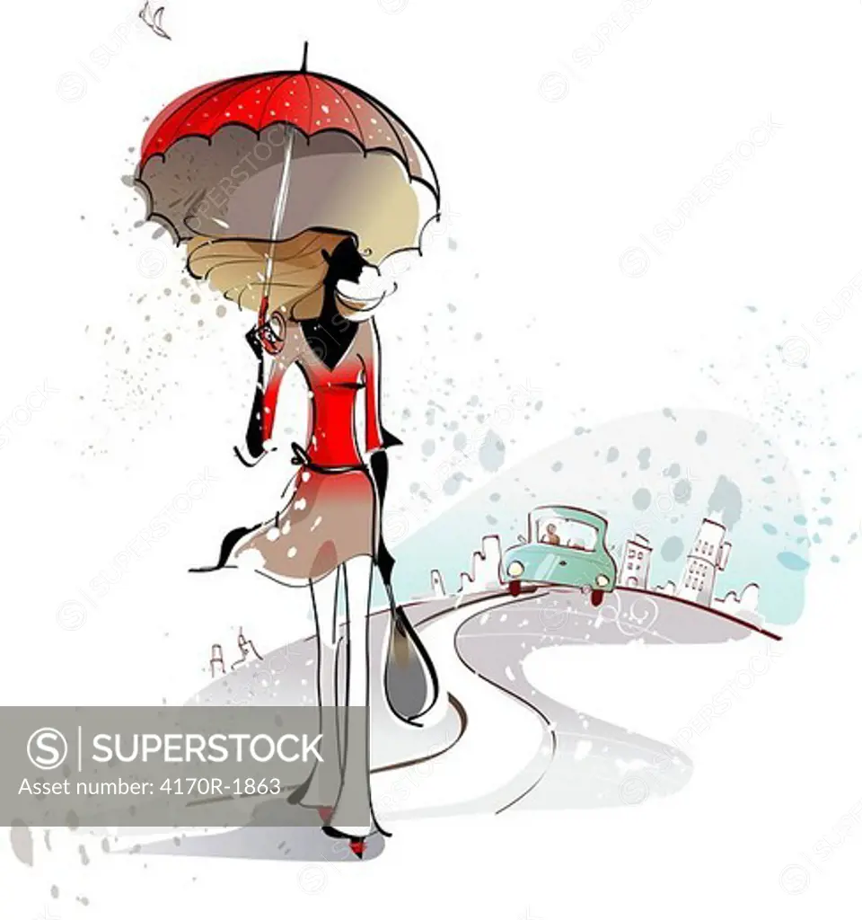 Woman walking with an umbrella in rain